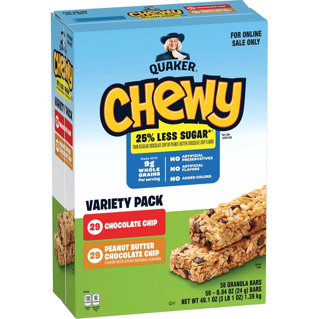 Quaker Chewy Granola Bars, 25% Less Sugar, 2 Flavor Variety Pack, (58 Pack) (EXP 01/29/26)