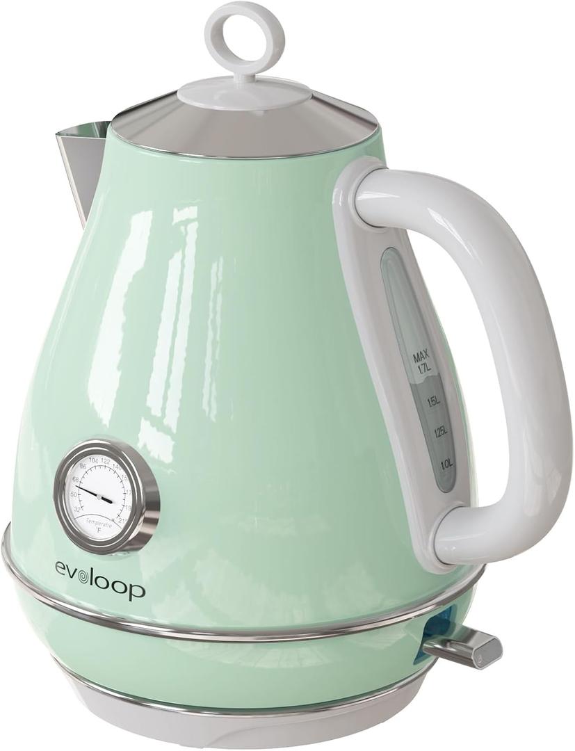Evoloop Electric Tea Kettle, 1500W /1.7 Liter Hot Water Boiler Heater Pot, Retro Electric Kettle with Thermometer, Auto Shut-Off & Boil-Dry Protection, BPA Free,Stainless Steel Teapot (Green grey)
