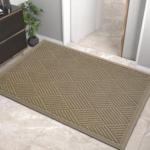 Sturdy Front Door Mat, Absorbent Muddy Dirt Resist Welcome Door Mats Outdoor Indoor, Stain and Fade Resistant, Non-Slip Rubber Backing Low Profile Doormat for Entryway, 3624, Beige