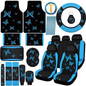 BBTO 47 Pcs Butterfly Car Seat Full Set Butterfly Car Accessories for Women 5 Front Rear Seat Covers Wrist Strap 2 Pieces Cup Mat Armrest Pad 2 Belt Cover Accessories for SUV(Lake Blue)