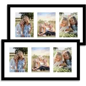 QOTIB 10x20 Picture Frame Set of 2, Display 3 Pcs 5x7 Picture Collage with Mat or 10 x 20 without Mat, Three 5x7 Picture Frame Collage for Wall Hanging, 5 by 7 Multi Frame, 2 Pack, Black