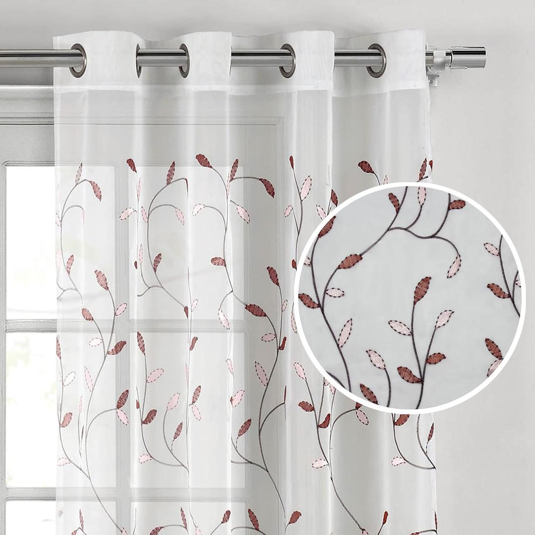 Creative Home Ideas Wavy Leaves, Embroidered Window Curtain with Grommets, Extra Wide Single Panel, 100% Polyester, Light Filtering, Sheer, Modern Drapes, 54" x 84", Light Pink/Rust