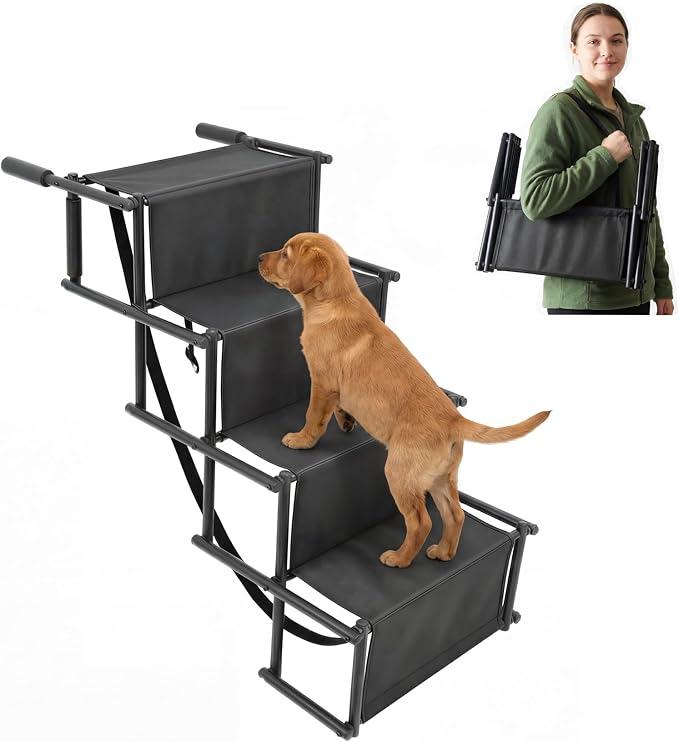 Foldable Dog Ramp for Car, 4-Step Portable Dog Stairs for Large Dogs, Extra Wide Non-Slip Pet Steps for SUV Truck, Supports Up to 150 lbs, Lightweight with Shoulder Strap for Travel & Home
