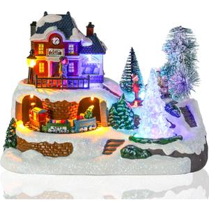 Ovewios Christmas Village Houses, Polyresin House Village Sets with Moving Train and Spinning Tree & Colorful Warm LED Lights & 8 Songs, Battery Operated Christmas Decorations Indoor