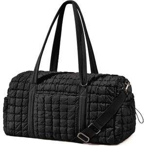 Quilted Travel Duffle Bag for Women Medium Weekender Bag Puffer Overnight Bag Large Soft Puffy Duffel Bag Carry-On Gym Bag Lightweight Personal Item Travel Bag for Trips Business Sport Airplane (Black)