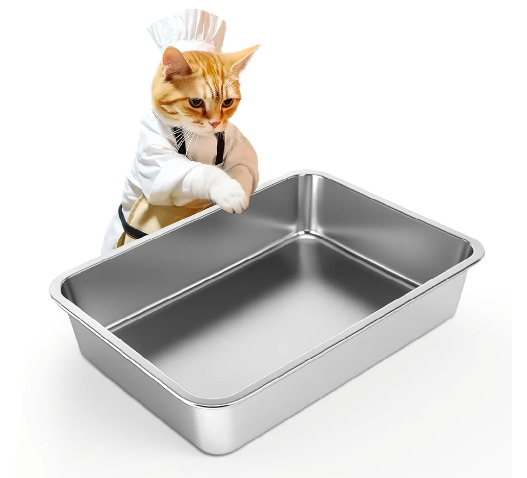 IKITCHEN Stainless Steel Cat Litter Box, Large Metal Litter Pan for Cats, Kitty Litter Box Never Absorbs Odors, Low Side Entry Non Stick, Easy Clean 17.5 x 13.5 x 4 inches