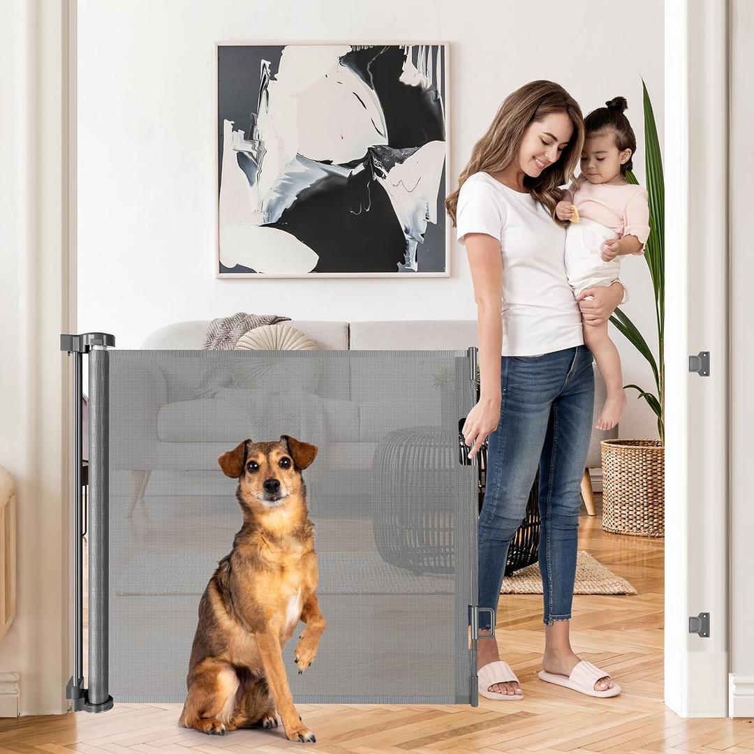 Retractable Dog Gates for Doorways 55" Wide Retractable Baby Gate Stair Gates for Kids Or Pets, Retractable Pet Gate Indoor Gates for Dogs Retractable Outdoor Gate, Keeps Kids & Pets Contained, Gray