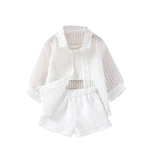 Verdusa Toddler Girl's 3 Piece Outfits Button Front Shirt and Cami Top with Shorts 7Y