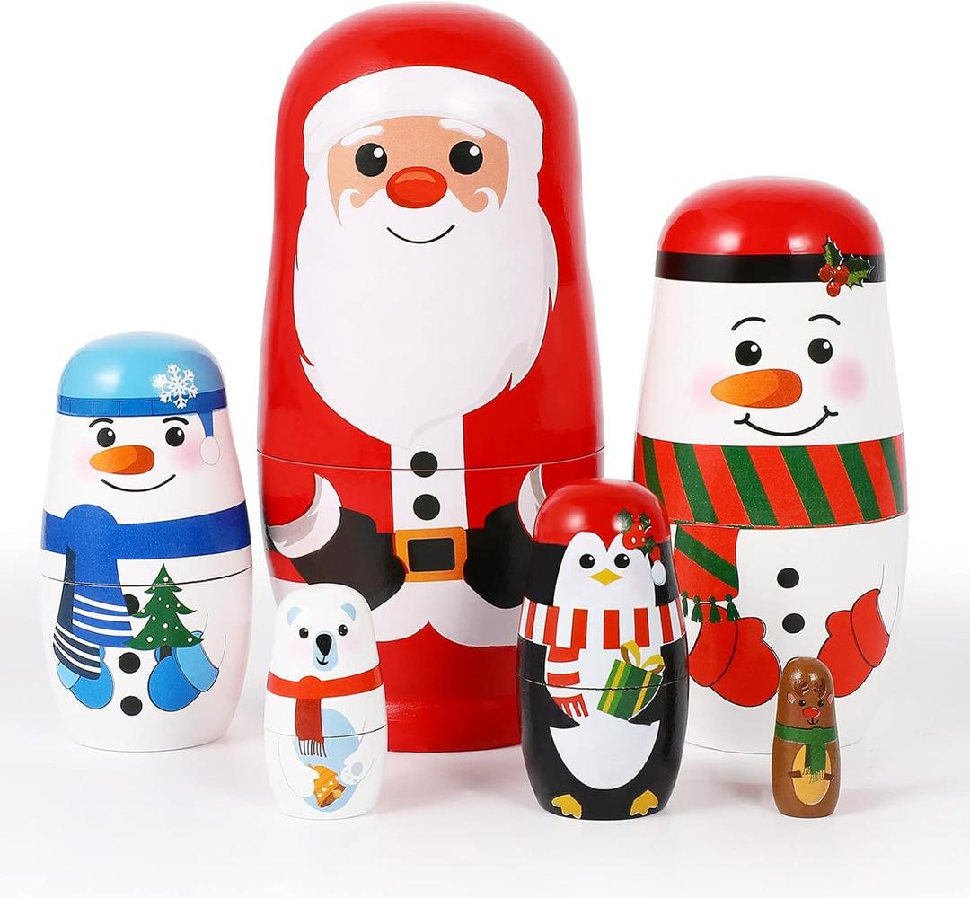 HEALLILY Christmas Wooden Stacking Doll Christmas Russian Matryoshka Doll Wooden Nested with Santa Claus Elk Snowman Polar Bear Penguin for Kids Birthday Toy Party Home Decor