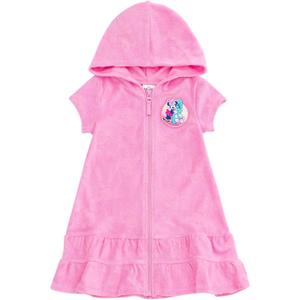 Disney Junior Girls Loop Terry Cloth Hooded Zip Up Swimsuit Cover-Up Toddler to Big Kid Sizes (2T - 14-16) (4T, Pink, Minnie Mouse)