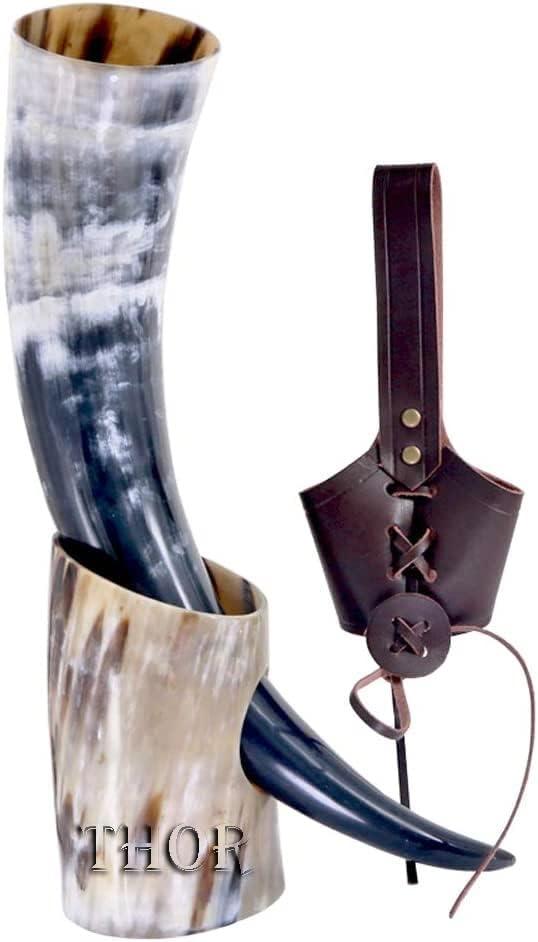 Viking Drinking Horn Mug with Beer Stand/Genuine Leather Belt/Vintage Natural Finished/Authentic Medieval Gift Rustic Vintage Home Decor Gifts