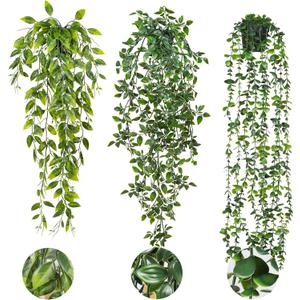 RECUTMS Fake Hanging Plants with Pots 3 Pack Artificial Ivy Vine Fake Potted Plants Faux Eucalyptus Plants Mandala Ivy Vine Leaves Pea Pod for Spring Home Room Shelf Wall Indoor Outdoor Decor