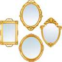 4 Pcs Vintage Gold Mirror Set Including Oval Antique Decorative Gold Shield Shape Square Decorative Mirror Jewelry Dresser Organizer Tray