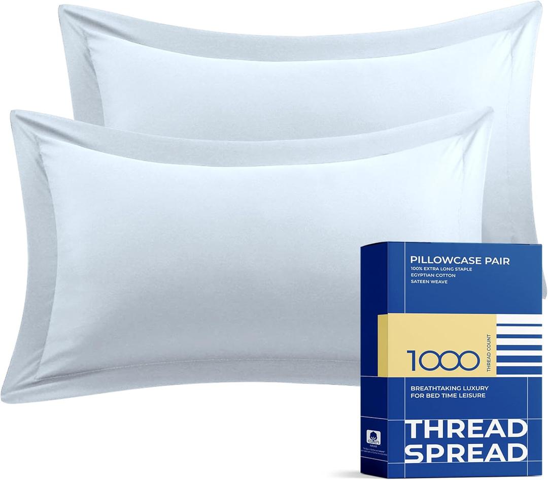 THREAD SPREAD 100% Egyptian Cotton Pillow Shams Set of 2 Standard/Queen Size with Envelope Closure - 1000 Thread Count Sateen Weave Pillow Sham, Silky Soft, Cooling Pillow Sham (Light Blue) (21" x 32" (Pack of 1))