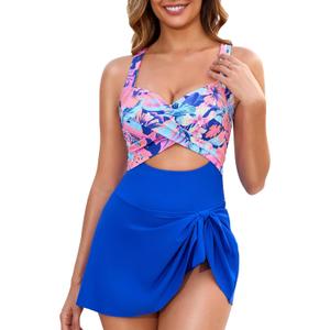 One Piece Swimsuit Women Tummy Control Swim Dress Sexy Criss Cross Tie Back Bathing Suit (Medium, Color Print)