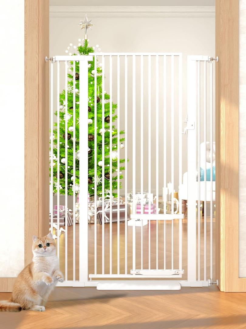 55.11" Extra Tall Cat Gate 29.5-40.6 Wide Pat Gate with Small Cat Door Safety Pet Gate NO Drilling Pressure Mount Kit for Cats and Dogs Indoor Doorways living Room Bedroom (White)