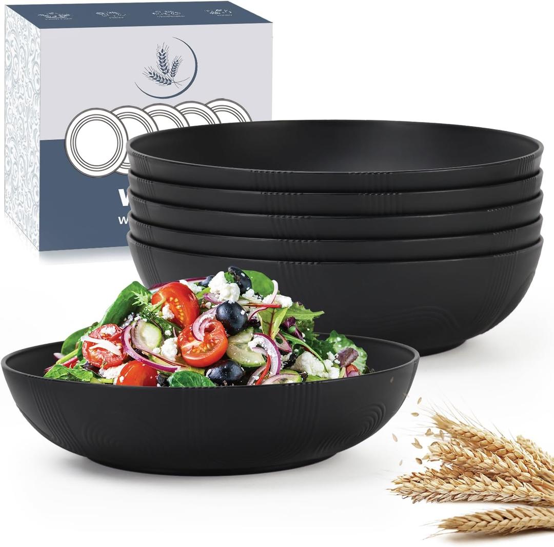 Wrova 10inch Wheat Straw Big Bowls Set of 6 - Large Salad Bowls 65oz set of 6 - Unbreakable Serving Bowls Microwave & Dishwasher Safe for restaurant - Big Plastic Bowls for Cereal,Salad - Black Series