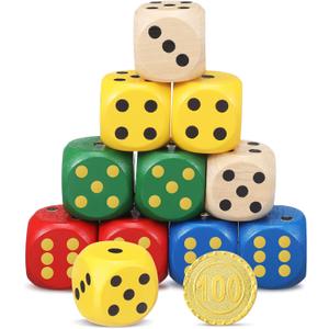 Poen 10 Pcs Wooden Dice Set 30mm 1.18 Inches D6 Large Jumbo 6 Sided Game Dice Bulk with Numbers 1-6 Round for Table Board Games Party Favors (Multicolor)