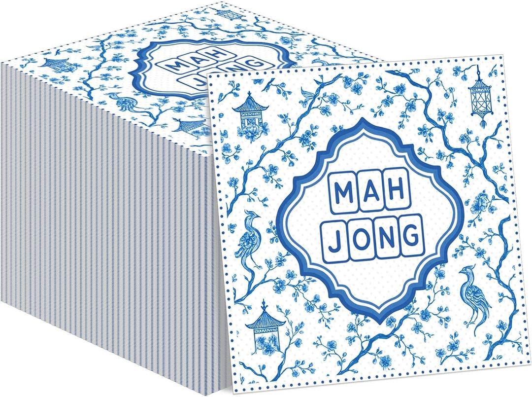 Gueevin 30 Pcs Mahjong Napkins Cocktail Paper 6.5 x 6.5 Inches Mahjong Party Supplies Decorations Accessories Gifts for Casual Gatherings Game Nights Bridal Showers Birthday Christmas Party(Blue)