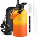 Insulated Water Bottle 64 oz, Triple Wall Vacuum Stainless Steel (Cold for 48 Hrs), Leak Proof & Non-BPA, Half Gallon Water Flask Jug with Paracord Handle & Straw Spout Lids, Ombre Orange