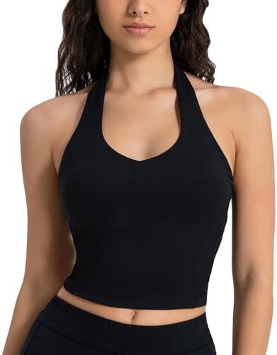 icyzone Halter Sports Bra for Women, Padded Workout Yoga V Neck Crop Tank Tops S