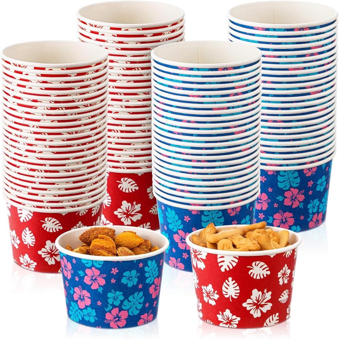 50 Pcs 8 oz Hawaii Paper Snack Bowls Cartoon Disposable Ice Cream Cups Red Blue Tropical Luau Palm Leaf Hibiscus Party Supplies for Hot or Cold Food Yogurt Sundae Dessert Soup for Birthday Theme Party