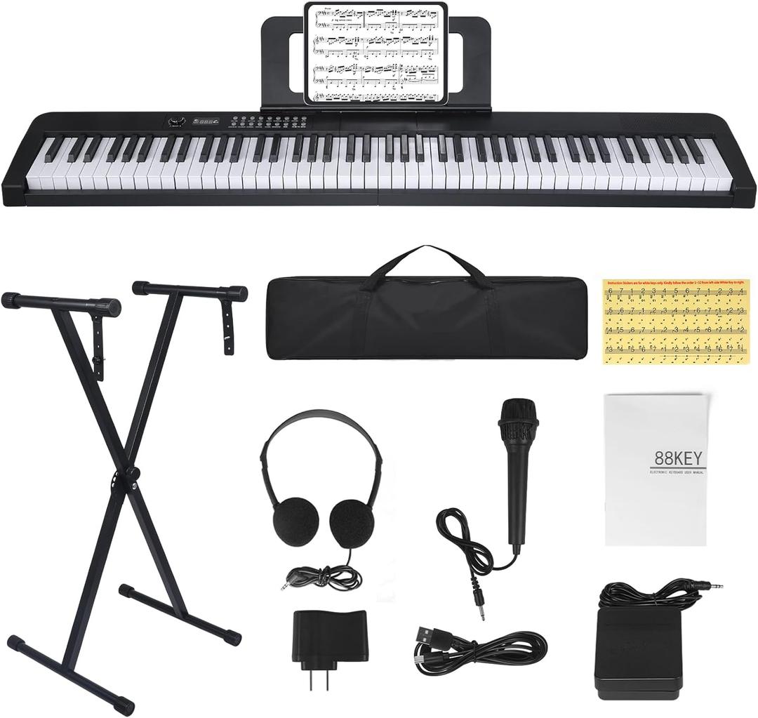 88 Key Piano Keyboard, Electric Digital Piano with Semi Weighted Keys, Keyboard Piano with Sustain Pedal, Power Supply, Stand, Carrying Case, Headphones, USB-MIDI Compatibility, for Beginner Adults (Black)