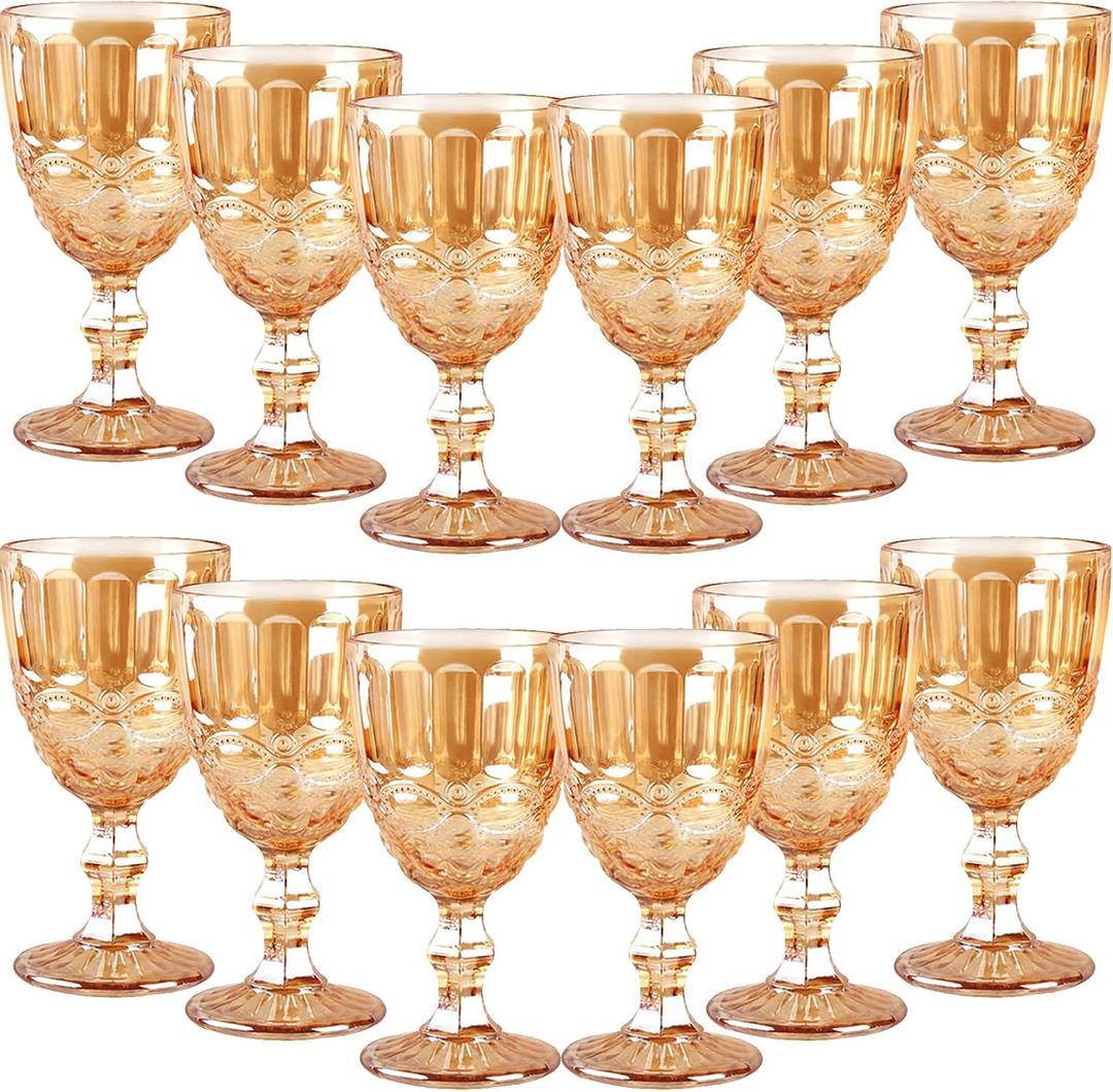 12 Pcs Vintage Wine Glasses, 10 Ounces Colored Glass Water Goblets, Unique Embossed Pattern High Clear Stemmed Glassware Wedding Party Bar Glass Drinking Cups, Floral Amber Glasses Set of 12, 3.5 inches x 6.7 inches