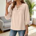 Womens Tops 3/4 Puff Sleeve Bow Tie Front Spring Easter Shirts Dressy Casual Elegant Flowy Loose Babydoll Blouses