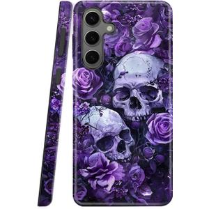Dual Guard Case for Samsung Galaxy S25 5G, Heavy Duty Dual-Layer Shockproof Protective Phone Case,Purple Rose Skull