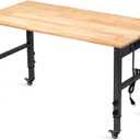 48" Height Adjustable Workbench, 2000 LBS Load Capacity Rubber Wood Top Workstation, Heavy-Duty Hardwood Worktable for Garage Workshop (with Wheels and Socket,48'')