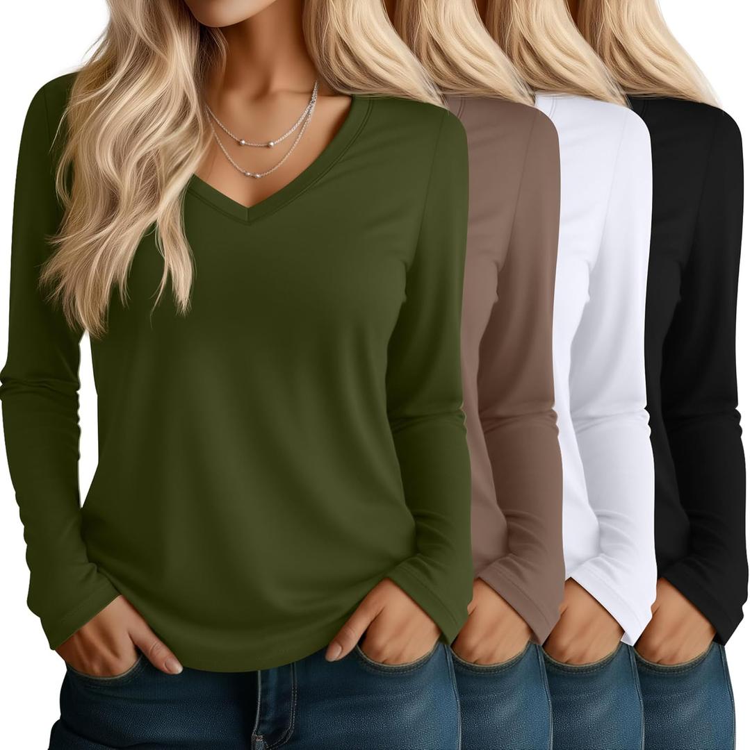 Huukeay 4 Pack Women's V Neck Long Sleeve T Shirts Basic Tops Casual Fall Loose Fit Blouse Tee Clothes Fashionable Outfits (Medium, Army Green, Coffee, White, Black)