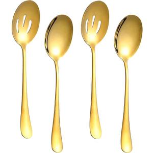 4 Pieces Serving Spoons Set, Includes 2 Serving Spoon and 2 Slotted Spoon, 8.8 Inch Stainless Steel Buffet Banquet Spoons, Serving Utensils Set for Parties, Gold