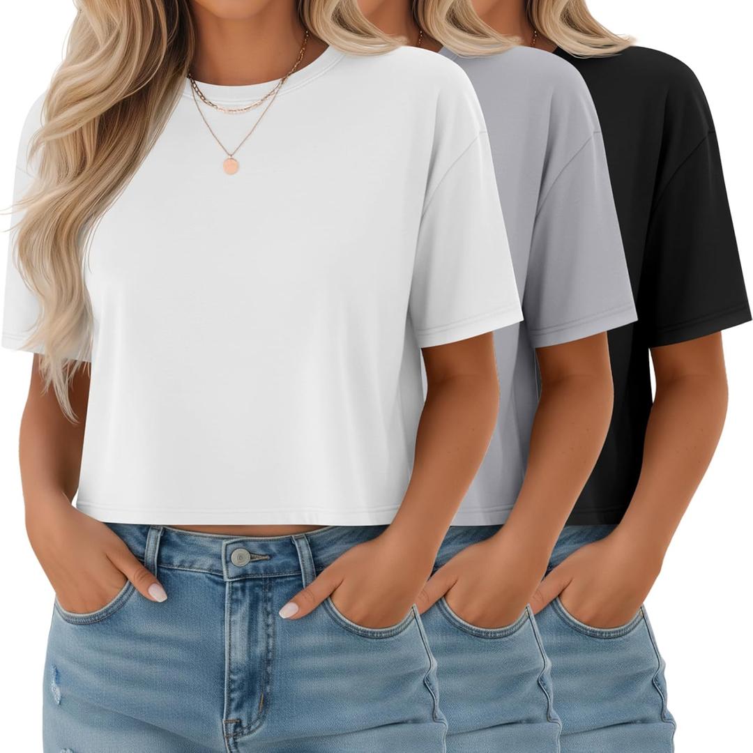 Ficerd 3 Pack Women Crop Tops Half Sleeve Cropped T Shirts Casual Crew Neck Drop Shoulder Loose Summer Solid Color (Small)