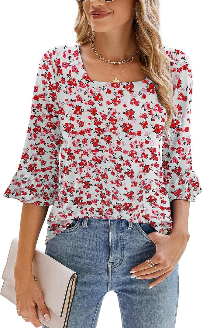 Poetsky Women's Casual 3/4 Sleeve Tops Summer Square Neck T Shirts Ruffle Loose Fit Tunic Blouses (M)