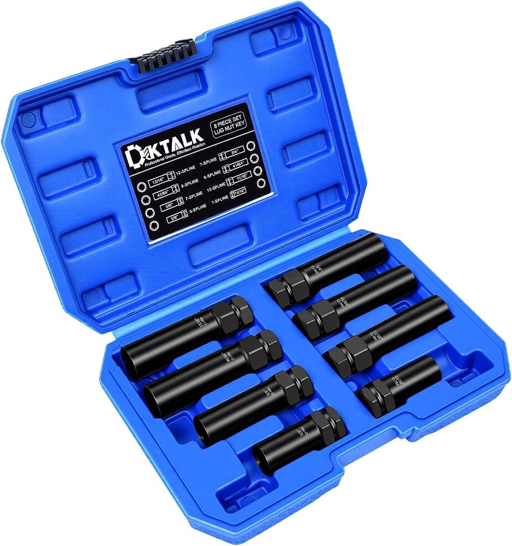 8PCS Spline Lug Nut Socket Set, CR-MO Universal Wheel Lock Removal Tool & Master Key Kit for Automotive Locking Lug Nuts, 5/6/7/12 Spline