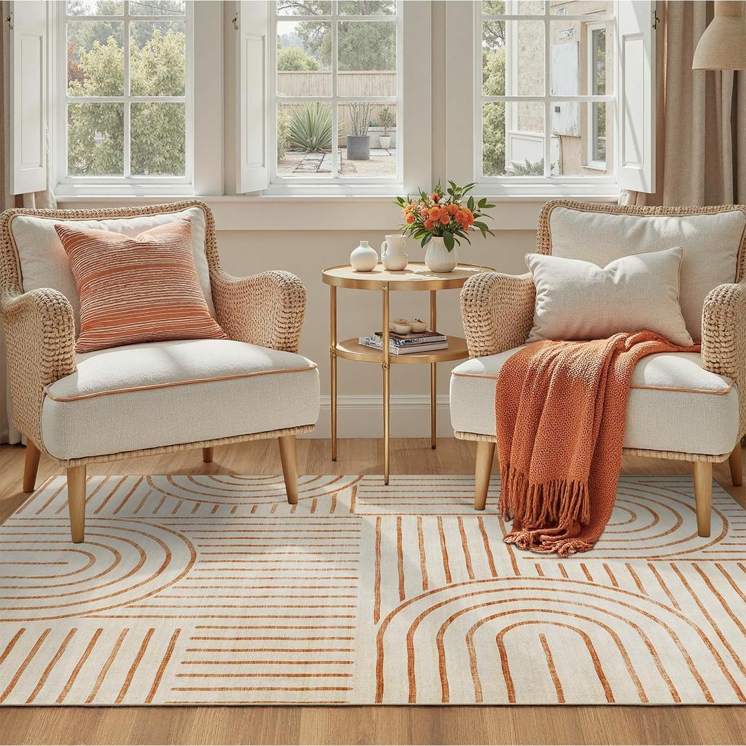 DCX Beige Machine Washable Area Rug 4x6, Midcentury Modern Non Slip Stain Resistant Rug 4x6 for Living Room, Bedroom, Dining Room, Soft Low Pile Large Carpet (Orange)