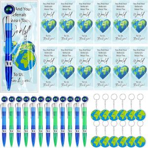 24 Set Earth Day Gift Bulk Retractable Cute Globe Pens with Mini Globe Keychains Thank You Cards Earth Day Party Favors Tellurion Black Ink Ballpoint Pens for Office Supplies