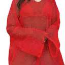 Lilosy Sexy Crochet Sheer Kaftan Caftan Beach Dress Bathing Suit Swim Coverup Summer Vacation Outfits One Piece (Red)