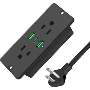 HHSOET 5 in 1 Recessed Power Strip Flat Plug, 45W Fast Charging Furniture Outlet with USB, Conference Recessed Socket with 2 AC Plugs, 2 USB Ports 1 USB-C, 6ft Power Cord. (Black)