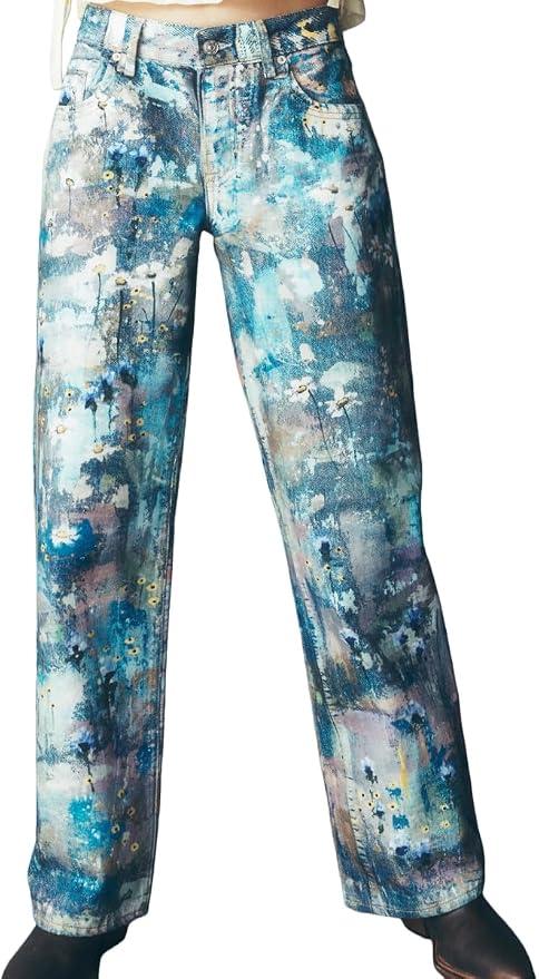 EZAPINE Straight Leg Jeans for Women Stretchy Floral Printed Painting Graffiti Crop Denim Pants Medium