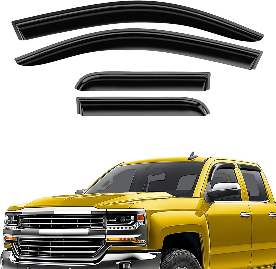Extra Durable Window Deflectors Tape-On Window Visors Rain Guards Fit for Chevrolet (Chevy) Silverado 1500 2014-2018 Double Cab, Sun Visors, Wind Vent for Shades, Exterior Car Accessories- 4pcs.AG0019