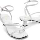 GENSHUO Women's Low Strappy Heels Sandals Open Square Toe Thong Dress Heels Comfortable Sexy Cute Ankle Strap Wedding Party Prom Summer Shoes (White)
