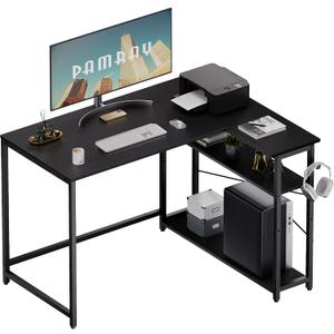 Pamray 43 Inch L Shaped Computer Desk with Reversible Side Storage Shelves, Small Corner Desk for Small Space Home Office,Writing Study Table Gaming PC Desk for Bedroom,Black