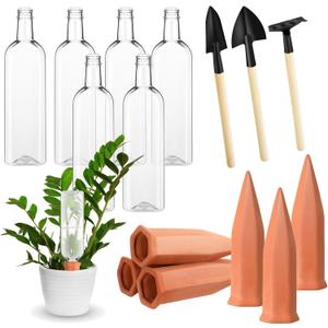 Baderke 6 Set Self Plant Watering Devices Include 6 Pcs Terracotta Watering Spikes 6 Pcs 25 oz Plastic Wine Bottles 1 Set Planting Tools Slow Release Plant Water Planter for Indoor Outdoor Plant