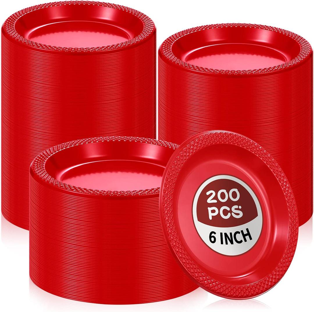 Mimorou 200 Pcs Red Plates Plastic 6 Inch Red Round Disposable for All Occasions Cake Plates Bulk for Special Events Wedding Birthday Travel Appetizer Party Supplies
