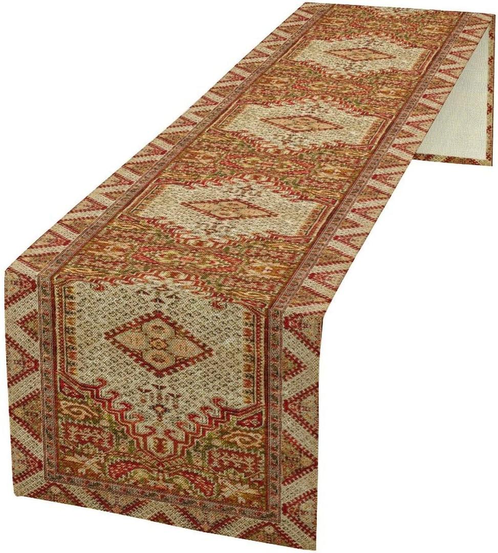 Boho Bohemia Style Orange Table Runner, Country Rustic Farmhouse Magical Abstract Print Pattern for Home Kitchen Table Decor Dining Coffee Room Garden Party Decor 13x36''