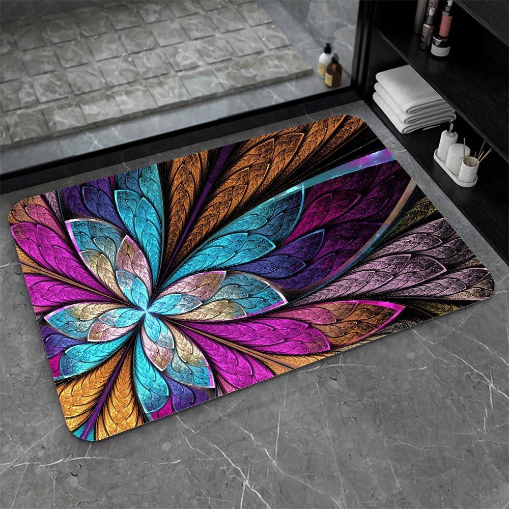 Diatomaceous Earth Bath Mat,Colorful Fractal Glass Flowers Non-Slip Volume Super Absorbent Fast Drying for Bathroom Kitchen Door mat,Eco-Friendly Easy to Clean 1624Inch (40 * 60cm)