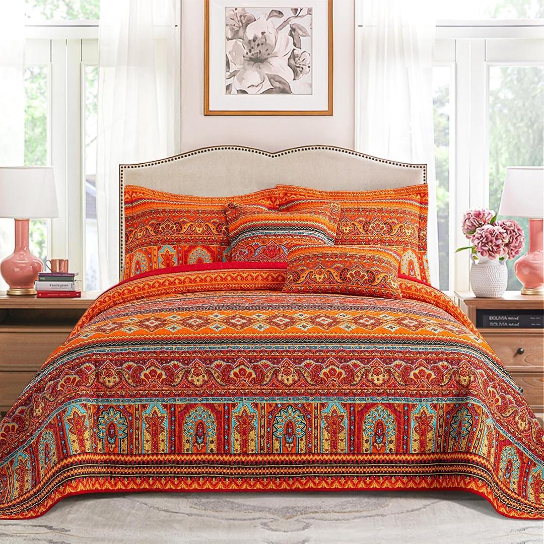 VAPUTAR Quilt California King Size Bedding Set - Cotton California King Quilt (108 * 118 Inch) - Boho Lightweight Reversible Oversized Bedspread for Farmhouse Bedroom (Red/Orange), 3 Pieces