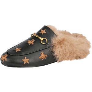 Arqa Fur Mules for Women Comfortable Leather Buckle Mule Flats Furry Padded Backless Loafers Casual Slides Shoes (8, Black Stars)